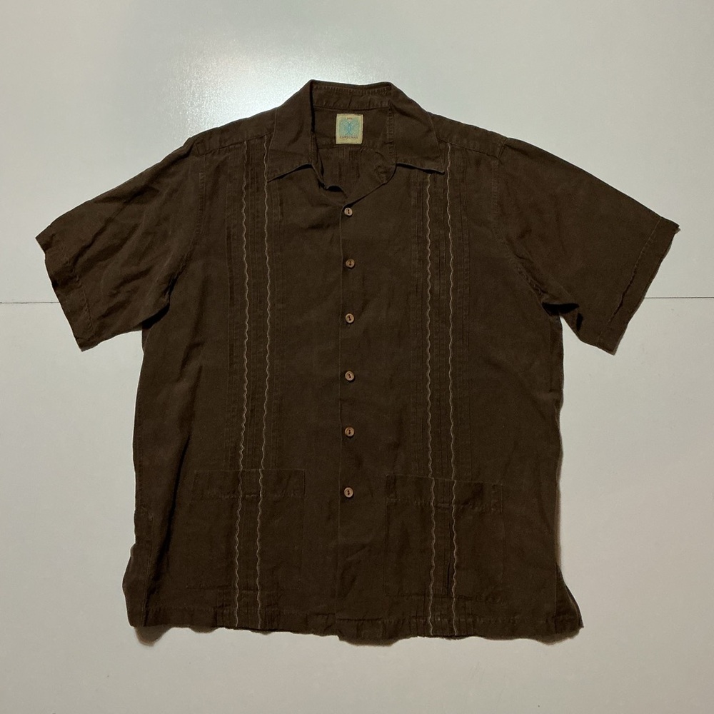 Dos Carolinas Guayabera Brown 100% Linen Embroidered Button Front S/S Shirt